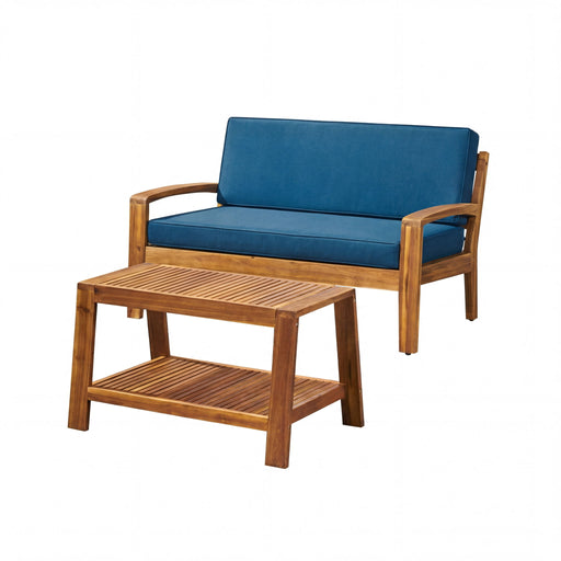 2 Piece Outdoor Conversation Set (Loveseat & Coffee Table With Water-Resistant Cushions) - Dark Blue / Teak - R&R Furniture Gallery (Fountain Valley, CA)