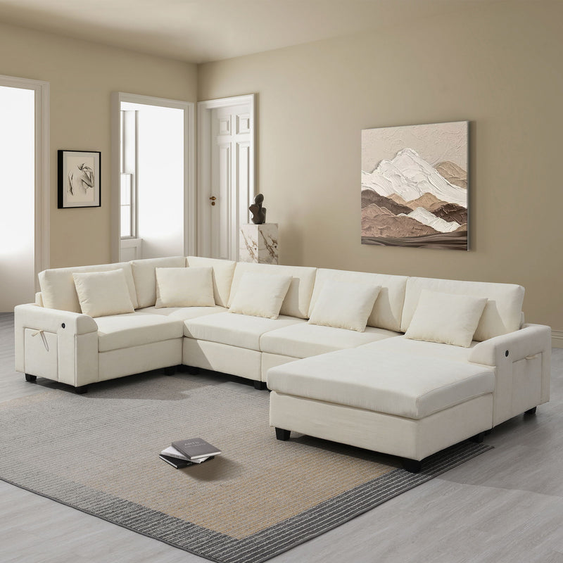 U Shaped Sectional Sofa 6 Seat Couch Set With Oversized Ottoman, Hidden Armrest Storage And Cup Holders USB Charging Ports Wide Seat Sofa - R&R Furniture Gallery (Fountain Valley, CA)