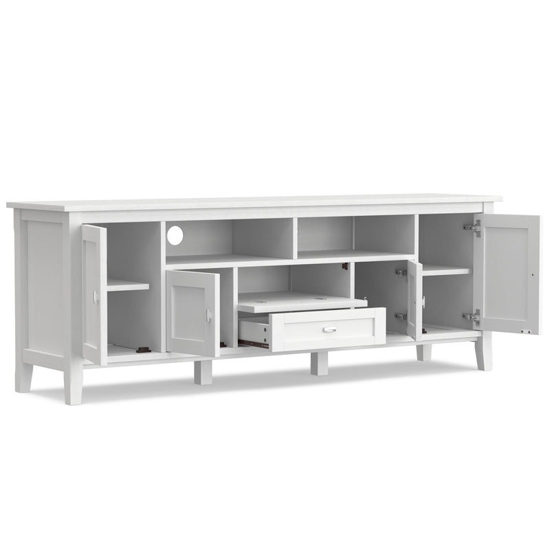 Handcrafted Warm Shaker TV media stand by Simpli-Home with open shelves and storage compartments for media devices and decor.