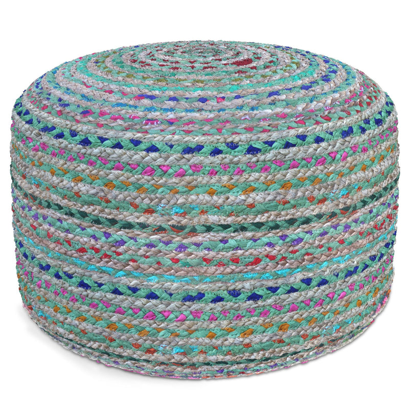 Handcrafted round accent pouf from Simpli-Home with a soft, textured fabric and plush padding, ideal for casual seating.