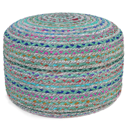 Handcrafted round accent pouf from Simpli-Home with a soft, textured fabric and plush padding, ideal for casual seating.