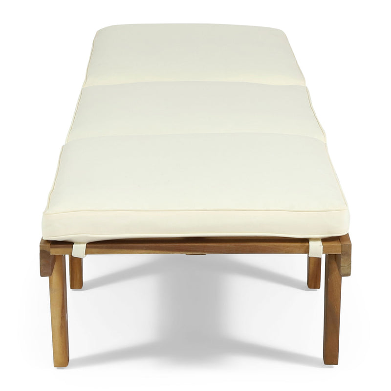 Noble House Ariana wood chaise lounge with a cushioned seat, featuring a sleek, modern design and natural wood finish.