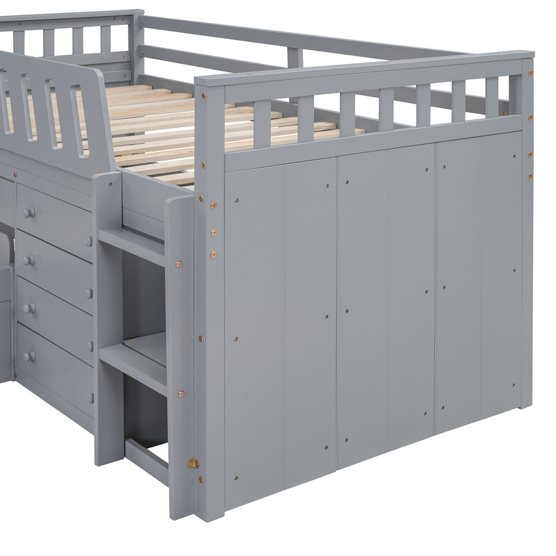 Modern DreamHaus loft platform bed with 7 drawers, full guardrails, and L-shaped space-saving design for bedroom use.