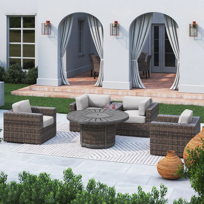 Patio Seating Group For 4 With Cushions And Fire Pit Table - Brown - R&R Furniture Gallery (Fountain Valley, CA)