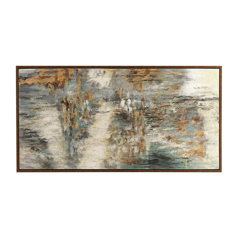 Beige abstract canvas art titled "Behind The Falls" by Uttermost, featuring flowing, textured brushstrokes on a neutral background.