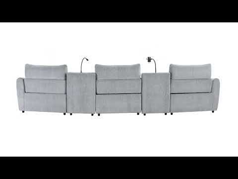 Fullar - Modular Console With Speaker & Cup Holder - Light Gary Chenille - R&R Furniture Gallery (Fountain Valley, CA)
