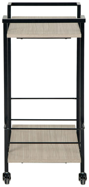 Signature Design by Ashley Waylowe bar cart with metal frame and wood shelves, featuring wheels for easy mobility.