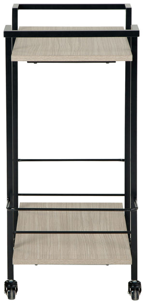 Signature Design by Ashley Waylowe bar cart with metal frame and wood shelves, featuring wheels for easy mobility.