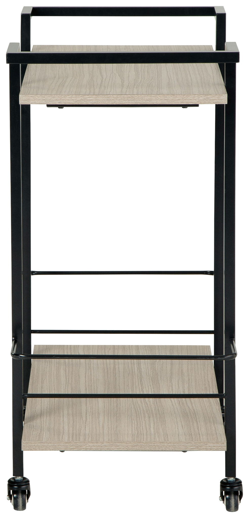 Signature Design by Ashley Waylowe bar cart with metal frame and wood shelves, featuring wheels for easy mobility.