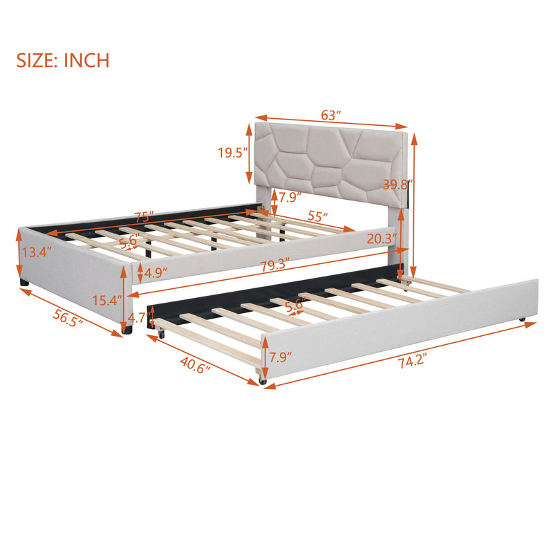 Upholstered Platform Bed With Brick Pattern Headboard And Twin Long Size Trundle - R&R Furniture Gallery (Fountain Valley, CA)