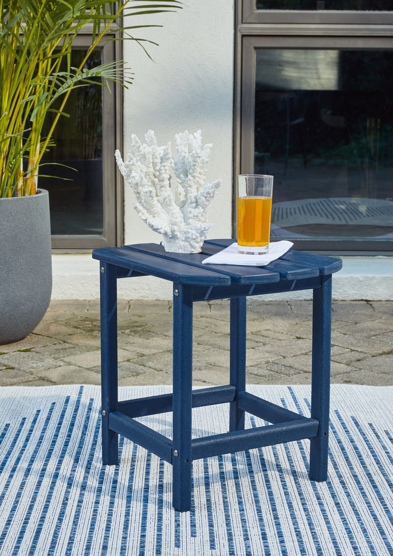 Signature Design by Ashley Sundown Treasure outdoor end table with a round wooden top and metal legs, perfect for patio or garden.