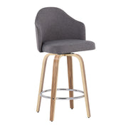 Set of two Lumi Source Ahoy gray mid-century modern counter stools with zebra legs and chrome round footrests.