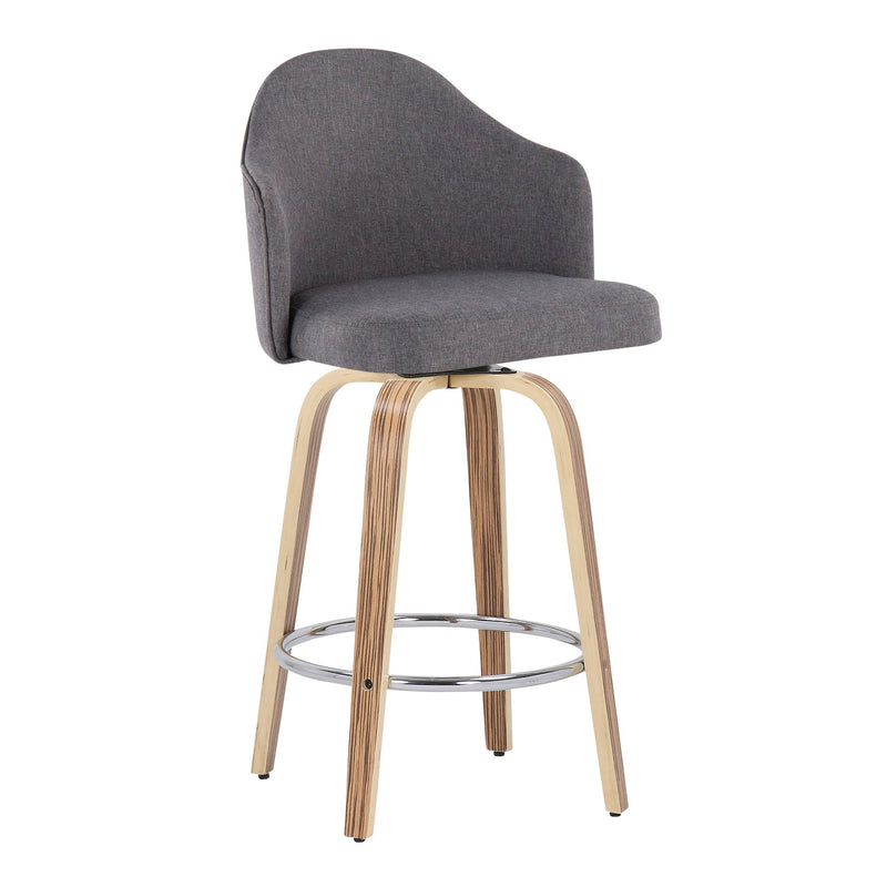 Set of two Lumi Source Ahoy gray mid-century modern counter stools with zebra legs and chrome round footrests.