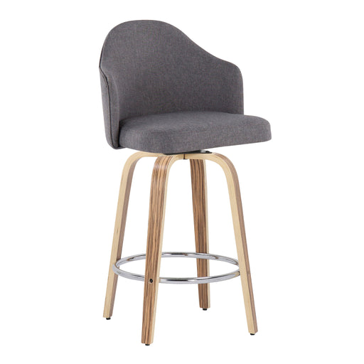 Set of two Lumi Source Ahoy gray mid-century modern counter stools with zebra legs and chrome round footrests.