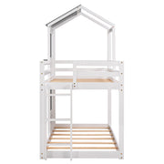 DreamHaus wooden bunk bed with roof, window, guardrail, and ladder, showcasing a sturdy, multi-level sleeping solution for kids.