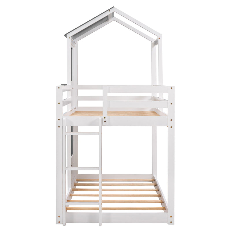 DreamHaus wooden bunk bed with roof, window, guardrail, and ladder, showcasing a sturdy, multi-level sleeping solution for kids.