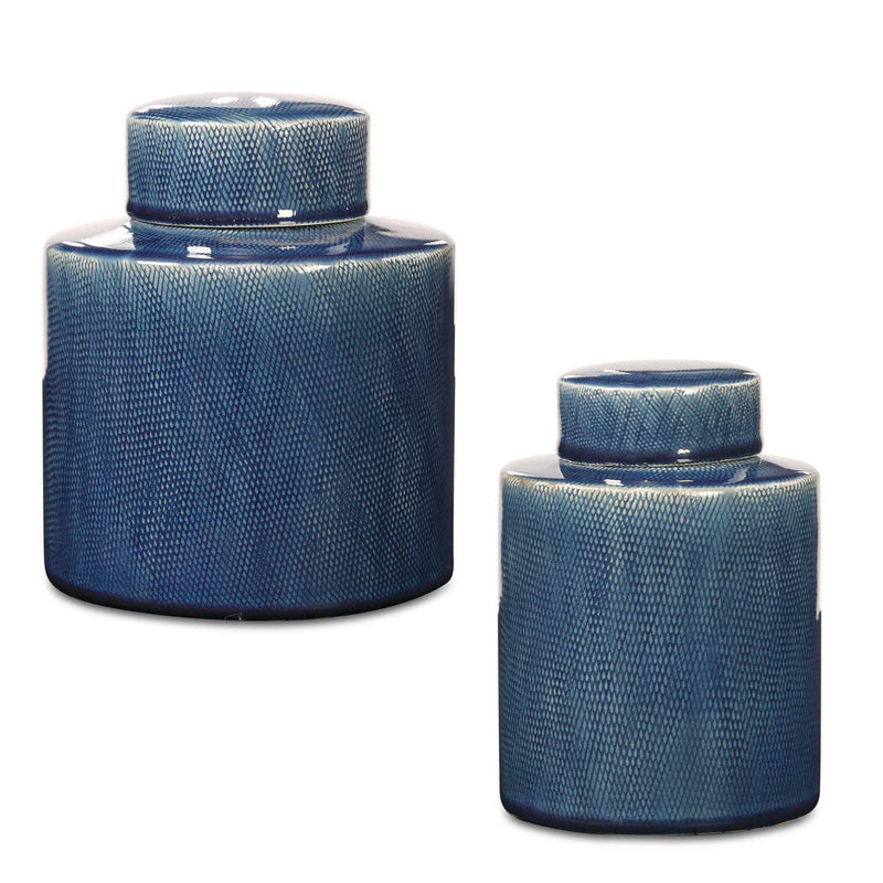 Set of two blue Uttermost Saniya containers with sleek, modern vase and jar design for decorative storage or display.