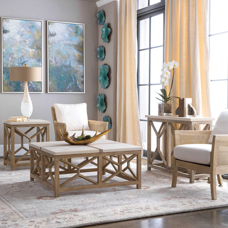 Uttermost Catali stone end table with white and light brown finish, showcasing a sleek, modern design and smooth stone surface.