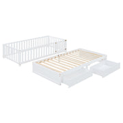 DreamHaus storage daybed with fence guardrails, two drawers, shown split into floor bed and daybed arrangement.