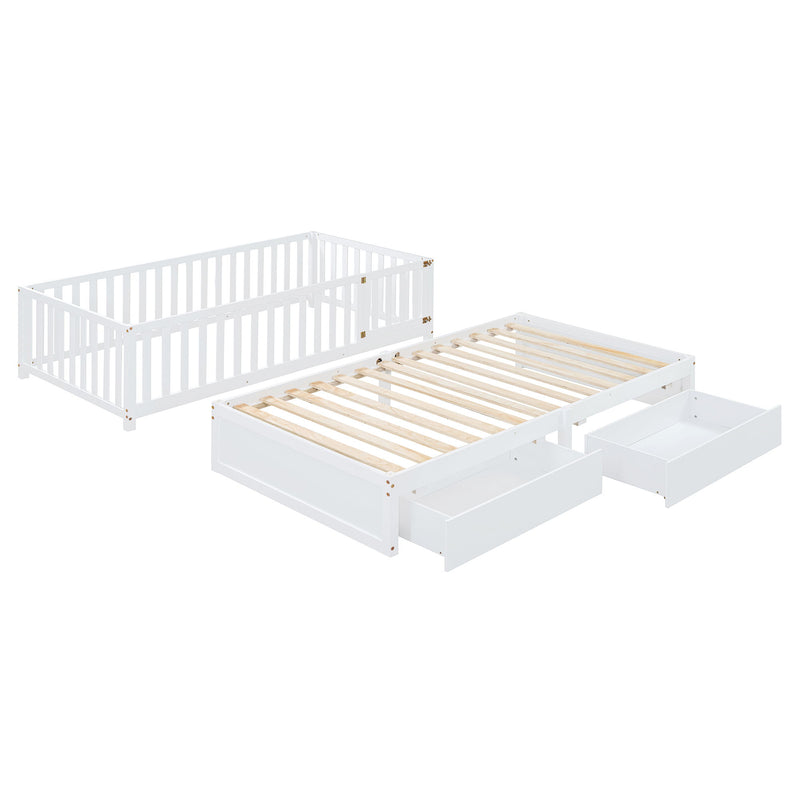 DreamHaus storage daybed with fence guardrails, two drawers, shown split into floor bed and daybed arrangement.