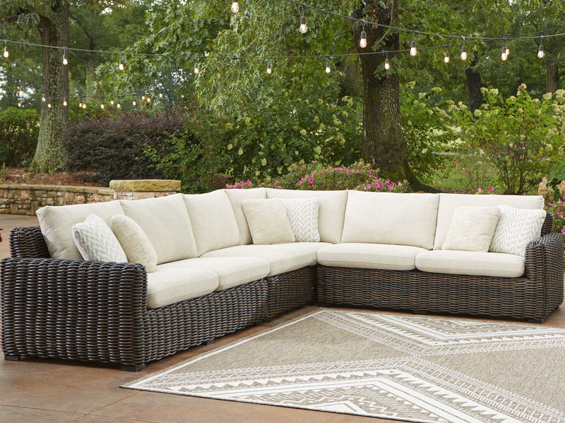 Kimora - 7 Pc. - 4-Piece Outdoor Sectional, Swivel Glider Lounge, Cocktail Table, End Table - Beige / Dark Brown - R&R Furniture Gallery (Fountain Valley, CA)