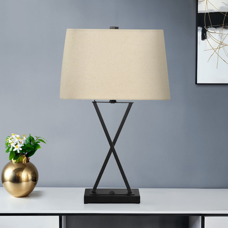 Black resin transitional table lamp with USB port, 8th Street brand, featuring a modern design and a sturdy base.