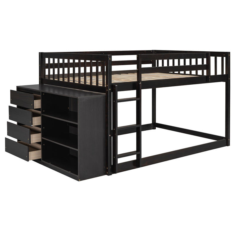DreamHaus bunk bed with four drawers, three shelves, sturdy wood frame, ideal for space-saving bedroom storage and sleeping area.