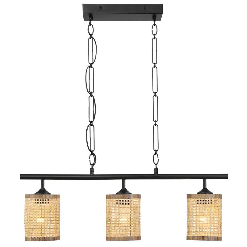 Elysian - 3 Lights Island With Natural Shade Farmhouse Chain Ceiling Lamp - Black / Rattan - R&R Furniture Gallery (Fountain Valley, CA)