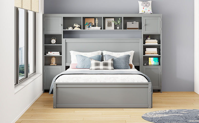 DreamHaus cabinet bed with integrated shelf, sockets, and twin long trundle, featuring a modern design and functional storage.