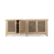 Jennifer Taylor Home Arden 4-door sideboard in natural wood finish, with sleek design and spacious storage compartments.