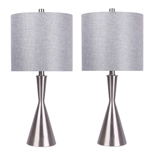 Pair of Lumi Source Gemma contemporary table lamps with sleek, modern design and neutral-colored shades on a wooden surface.