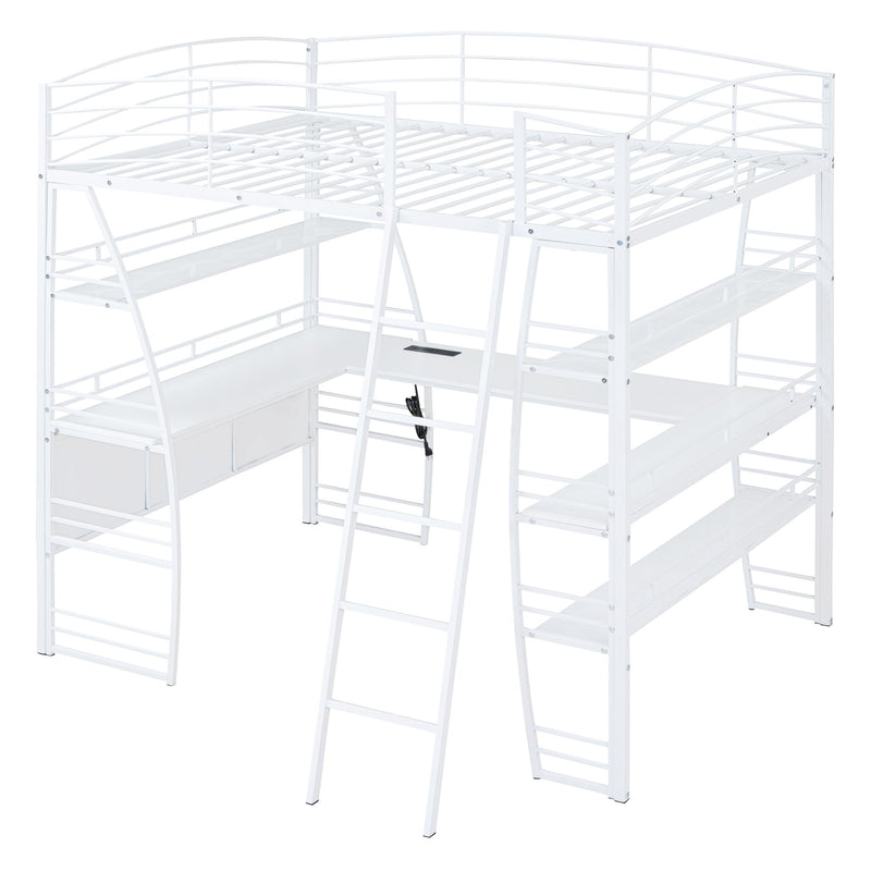 Loft Bed With 4 Layers Of Shelves And L-Shaped Desk, Stylish Metal Frame Bed With A Set Of Sockets, USB Ports And And Wireless Charging - R&R Furniture Gallery (Fountain Valley, CA)