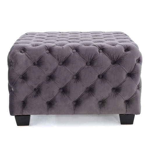 Noble House modern glam upholstered ottoman with button tufted design and plush fabric, showcasing stylish and elegant home decor.