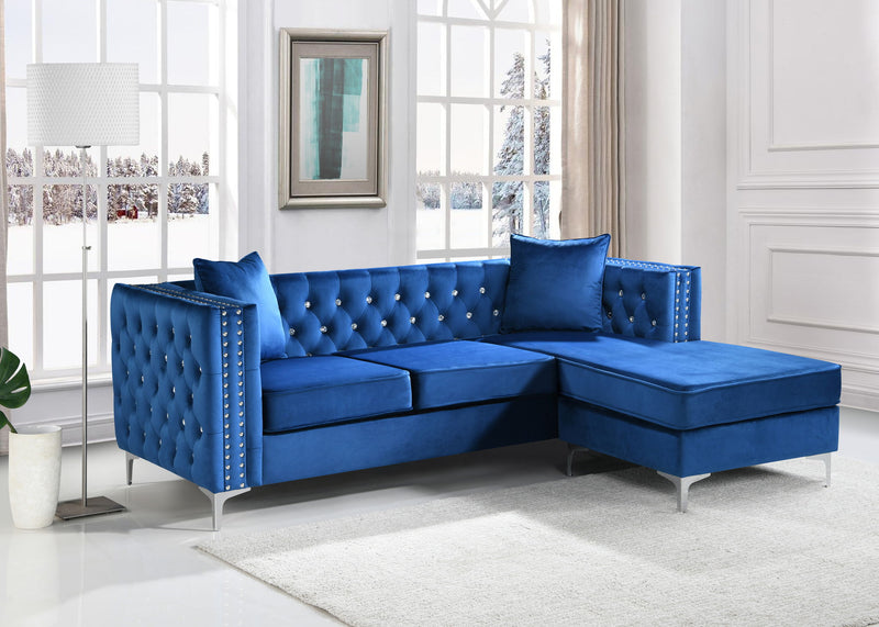 Glory Furniture Paige stationary sofa chaise with plush fabric and modern design, featuring a spacious seating area and chaise lounge.