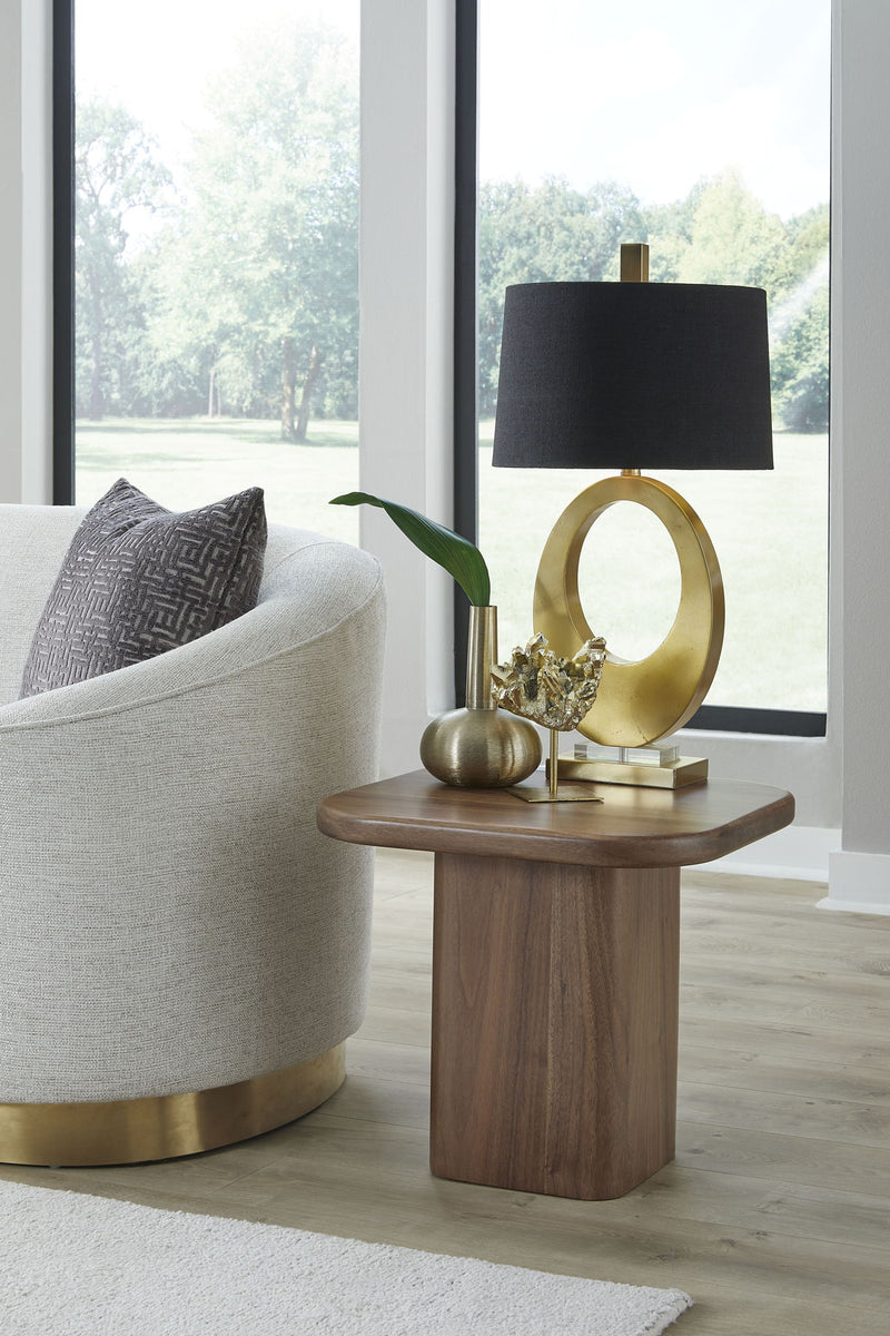 Modus Juba Walnut End Table in Mongoose composite with sleek design and wooden finish, perfect for modern living spaces.