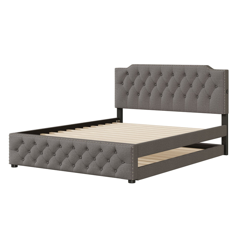 Upholstered Platform Bed With Trundle And 2 Sets Of USB Ports On Each Side, Fabric - R&R Furniture Gallery (Fountain Valley, CA)