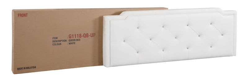 Glory Furniture button tufted upholstered bed in cozy bedroom setting with plush fabric and elegant design.