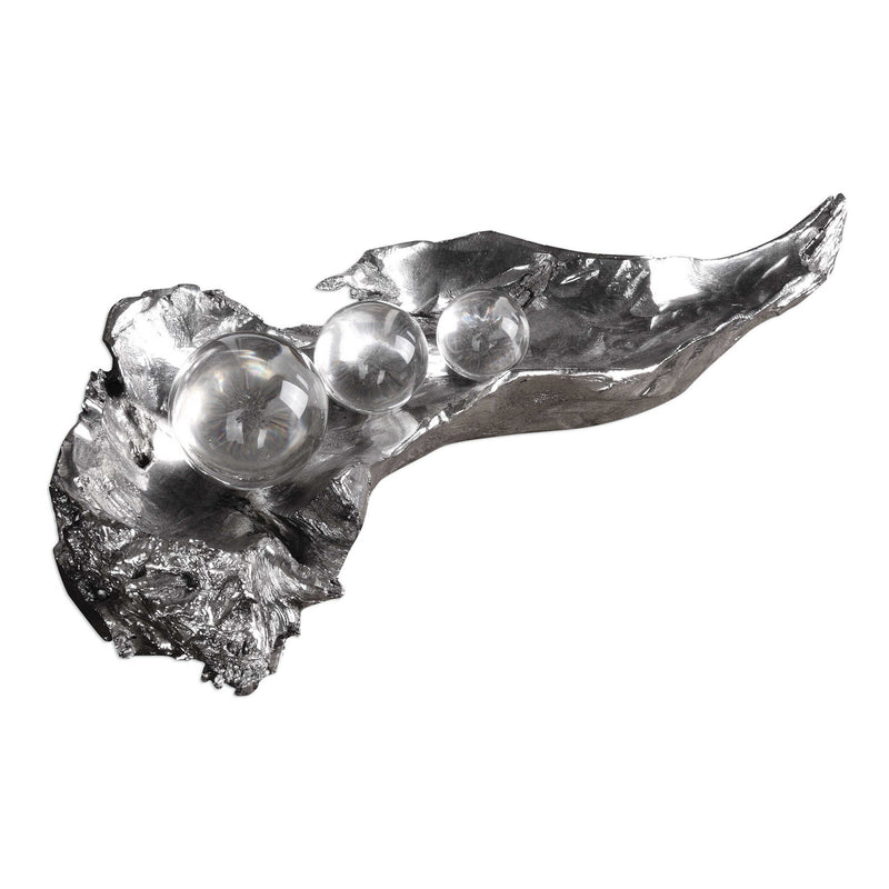 Pearl silver metallic sculpture of three peas in a pod by Uttermost, decorative sculpture for home decor.