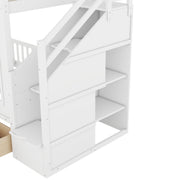 DreamHaus twin over twin bunk bed with changeable table, featuring upper bed and down desk for versatile sleeping and workspace.