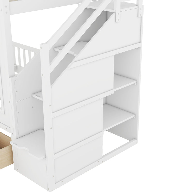 DreamHaus twin over twin bunk bed with changeable table, featuring upper bed and down desk for versatile sleeping and workspace.