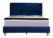 Elegant upholstered bed with plush fabric and transitional design from Glory Furniture, showcasing a modern bedroom centerpiece.