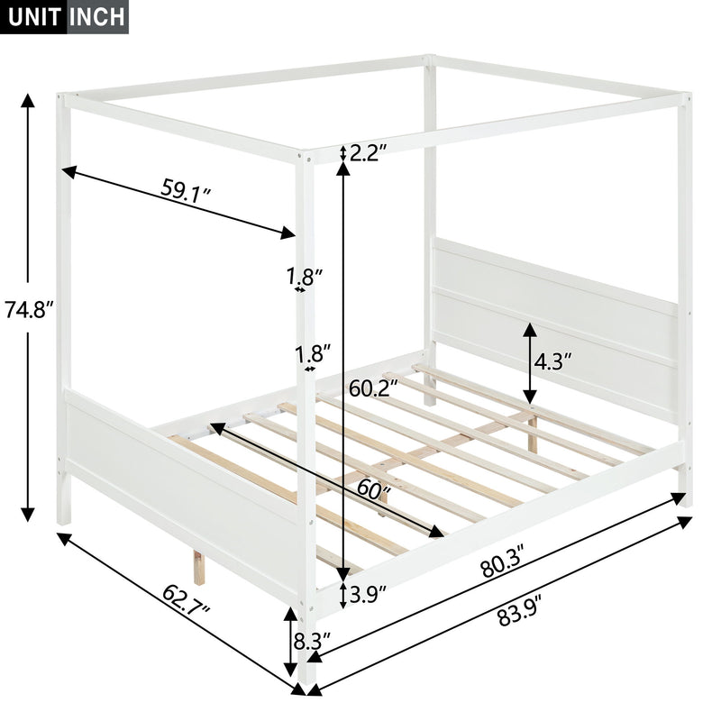 DreamHaus canopy platform bed with headboard, footboard, and slat support legs in a modern bedroom setting.