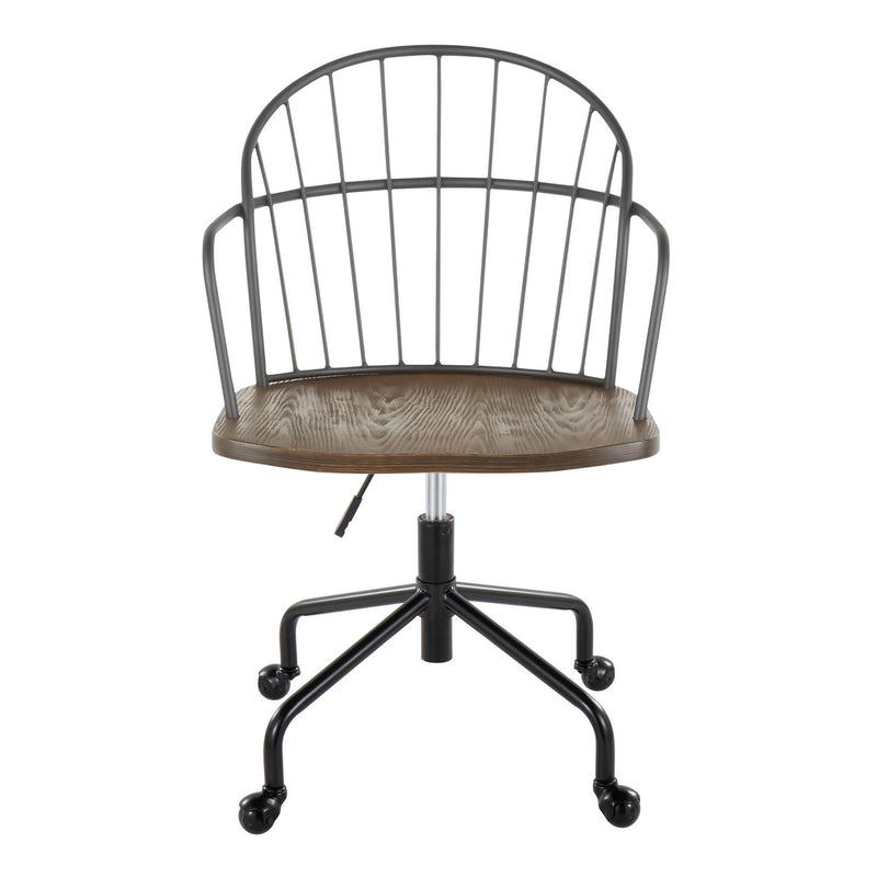 Lumi Source Riley farmhouse adjustable office chair with wooden armrests and fabric upholstery, designed for ergonomic comfort.