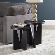 Uttermost Nadette nesting tables set of 2 with sleek wooden tops and metal legs, designed for versatile living space decor.
