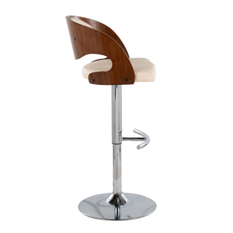 Lumi Source Pino mid-century modern adjustable barstool with swivel seat and wooden legs, featuring a sleek design and cushioned top.