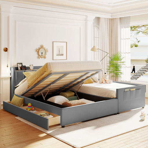 Upholstered Mother & Child Bed With Hydraulic Storage System, Drawer Box, Bedhead Storage Shelf And 2 Pairs Of Sockets & USB Ports - R&R Furniture Gallery (Fountain Valley, CA)