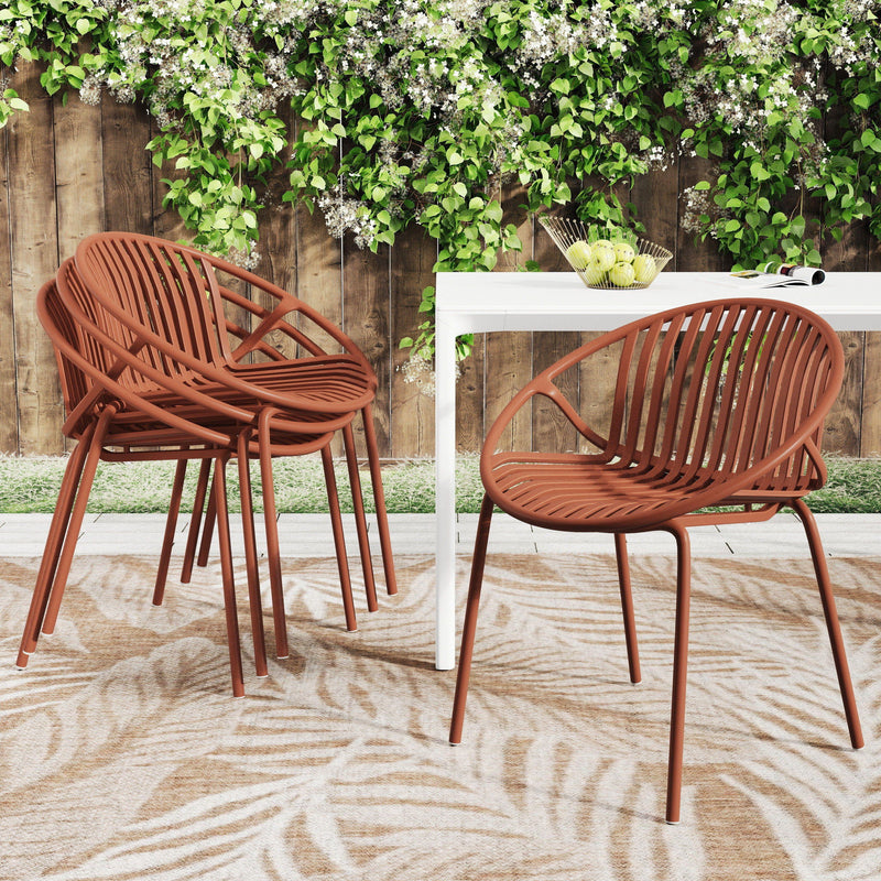 Set of two Noble House stackable outdoor chairs with breathable plastic backrests and metal frames, ideal for patio seating.