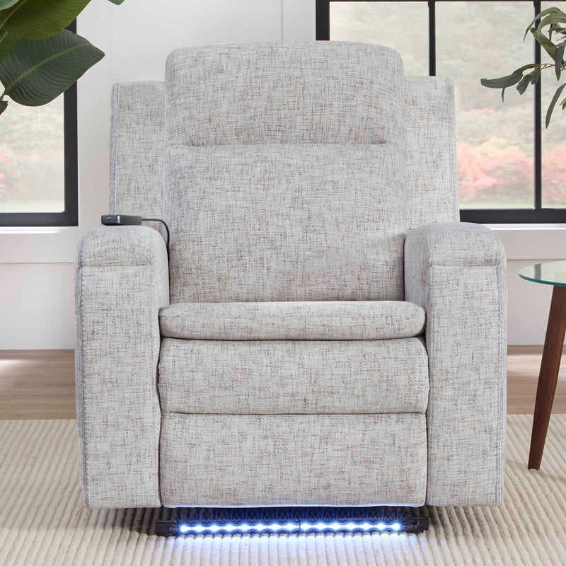 Parker Living Armstrong power massage recliner with heated seat, massage rollers, and automatic glide feature in a modern living room.