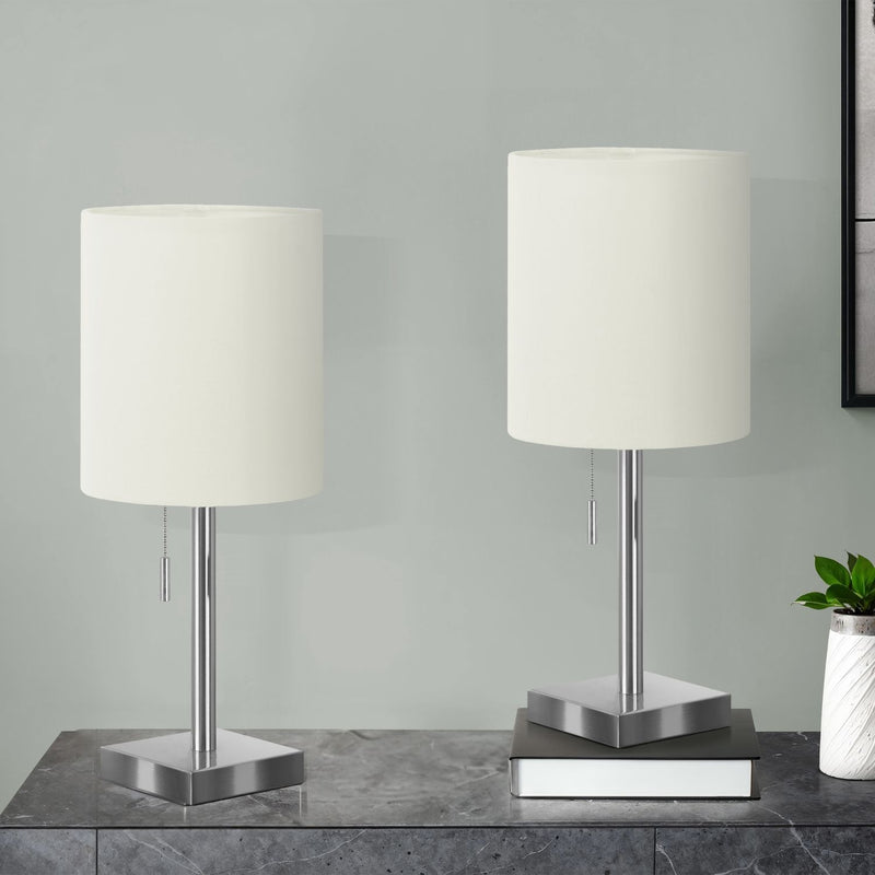 Set of two 8th Street contemporary nickel table lamps with USB ports, featuring modern design and adjustable shades.