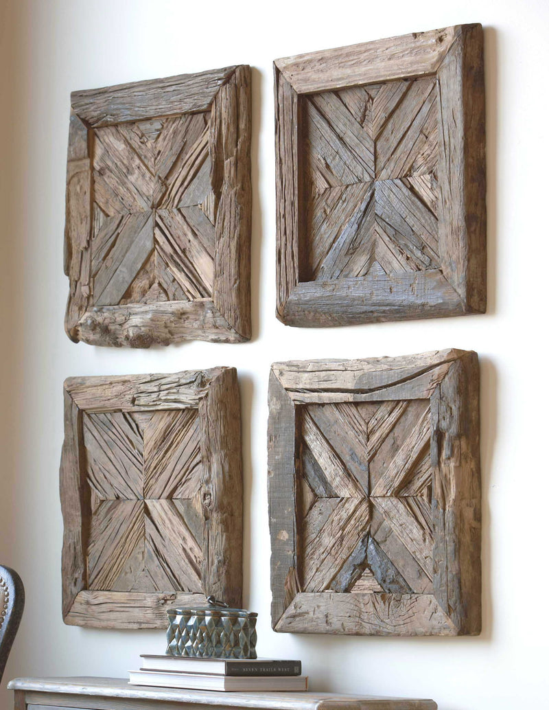 Uttermost Rennick reclaimed wood wall art in light brown, rustic wall decor with a natural, textured wooden design.